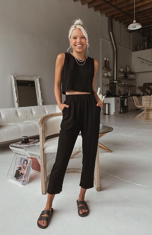 Midriff Top and High-Waist Trousers Outfit Set