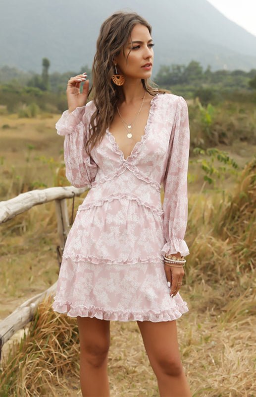 Ruffle Trimming Deep V-Neck Long Sleeve Floral Ruffle Tiered Babydoll Dress