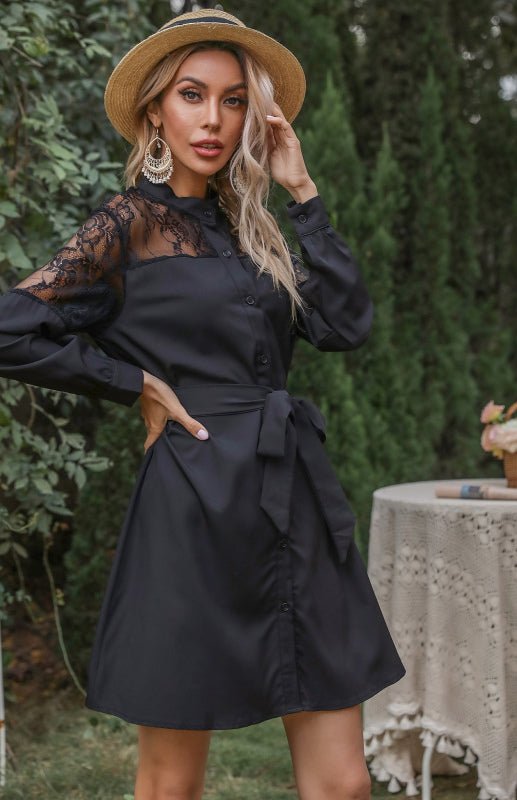 Women's Clothing Vintage Black Sheer Long Sleeve Lace Patchwork Shirt Dress