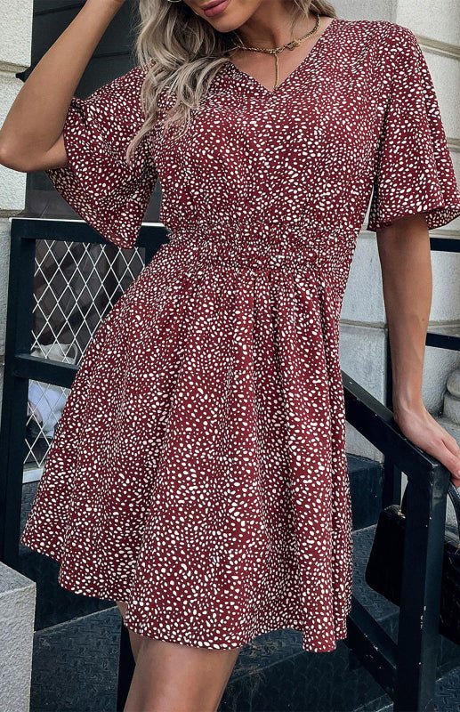 Ladies Summer Fashion V Neck Short Sleeve Polka Dot Dress A Line Skirt