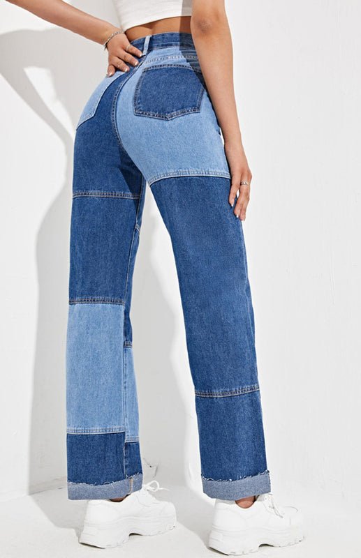 Ladies Colorblock Zip-Fly Straight-Leg Denim Trousers