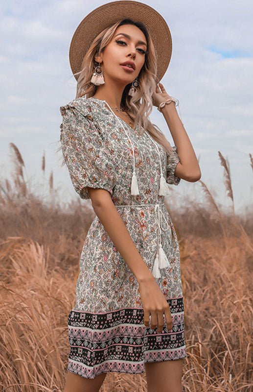 V-neck Floral Fringed Lace-up Boho Dress