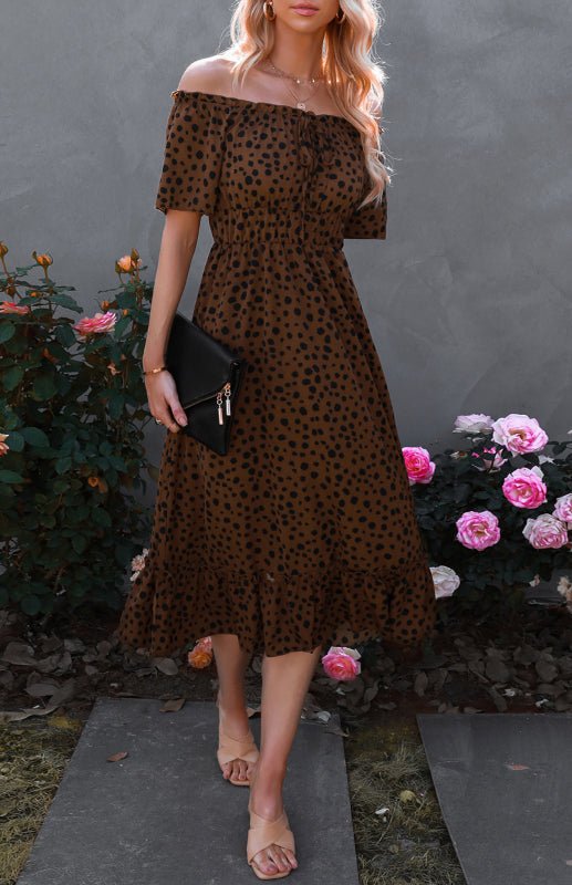 Ladies Summer Fashion Short Sleeve Off Shoulder Leopard Print Dress