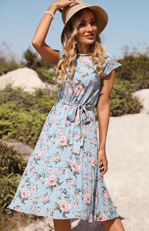 Round Neck Short Sleeve Tie Floral Print Dress