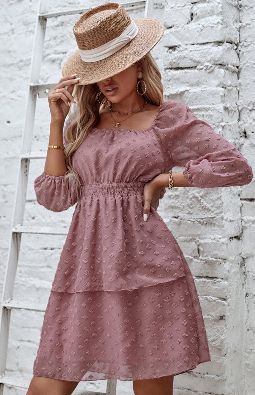 Ladies Spring Summer Fashion Square Neck Backless Jacquard Dress