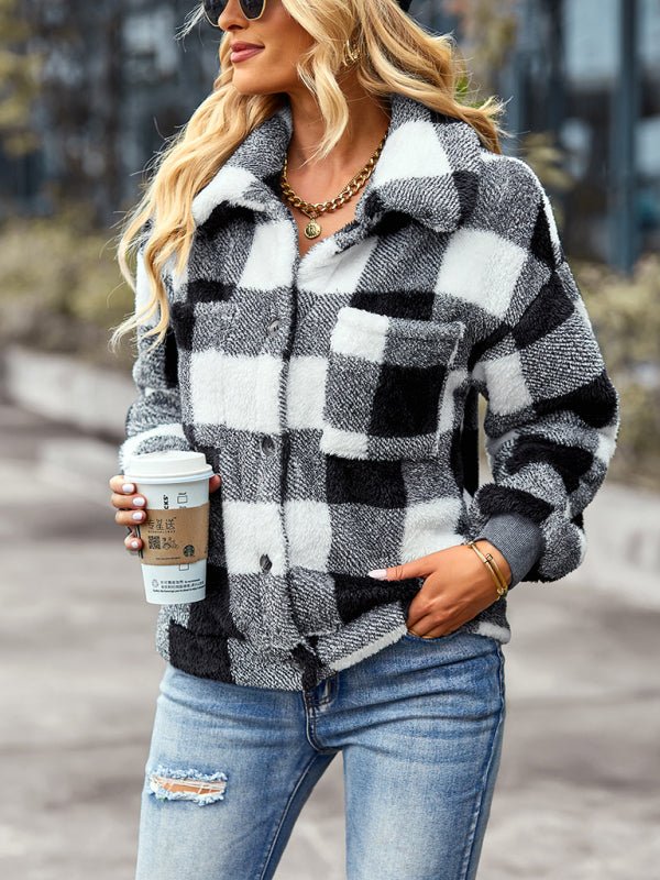 Plaid Fuzzy Lapel Sweatshirt Jacket