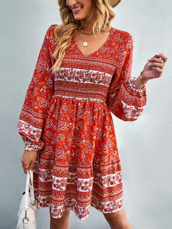 Floral Lantern Sleeves Bohemian Dress