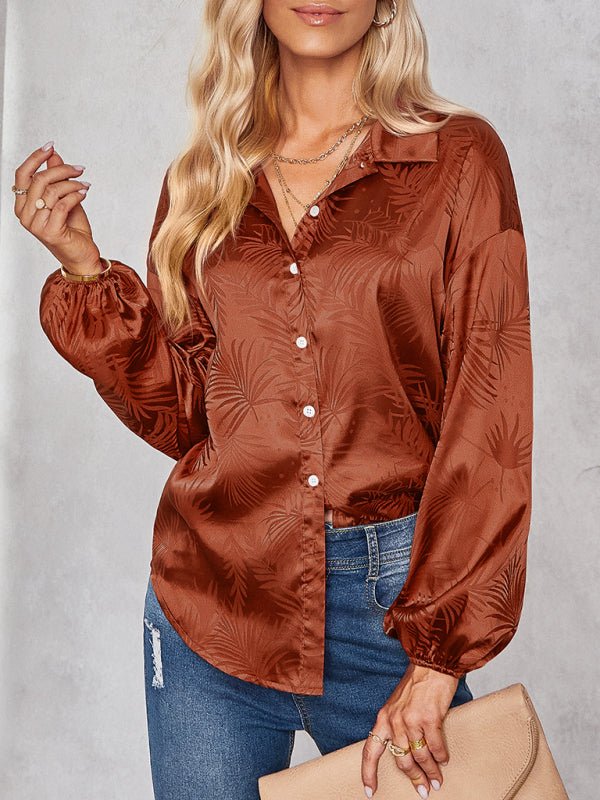 Satin Leaves Buttoned Shirt Top