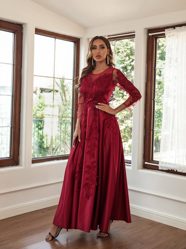Floral Embroidered Boutique Satin Evening Dress