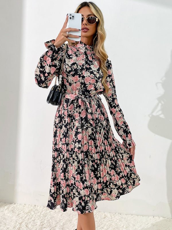 Women's print long sleeve half high neck dress