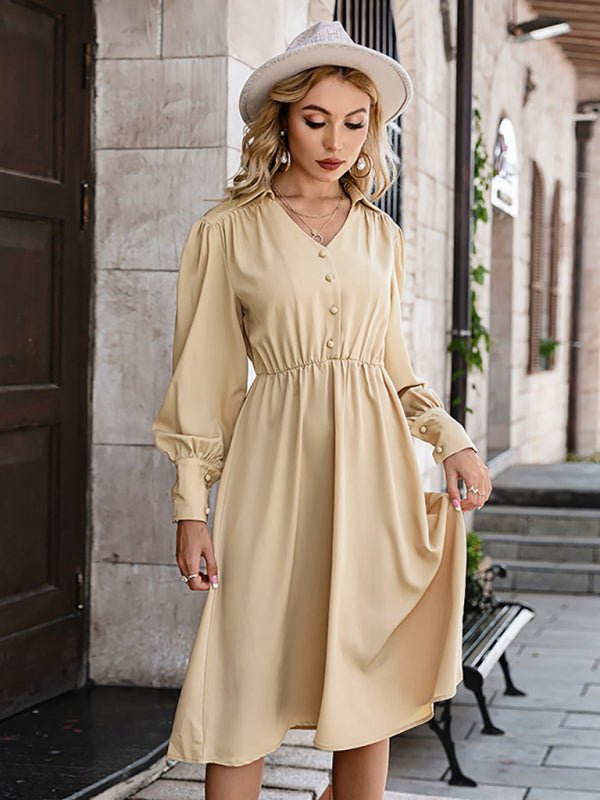 Lantern Sleeves Lace Up High Waist V-Neck Pullover Retro Dress